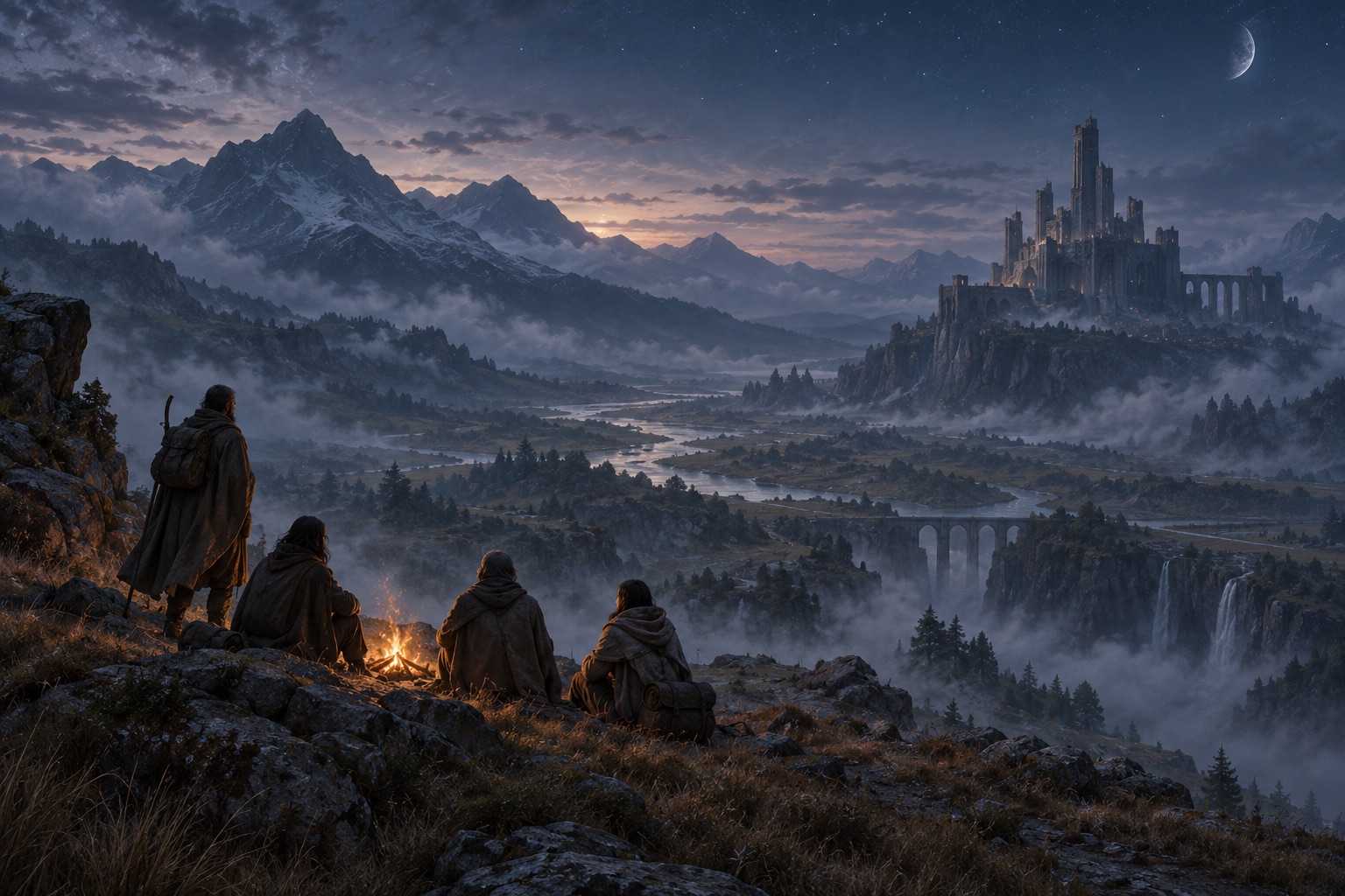 Four travelers gathered beside a campfire, looking across a misty valley toward a distant stone citadel